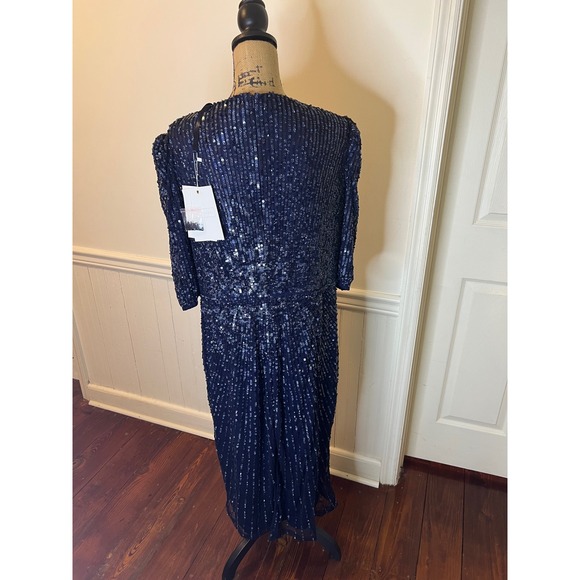 Mac Duggal 5578 size 20Navy Blue Sequin Wrap V Neck Puff Sleeve Midi Dress - Picture 7 of 14